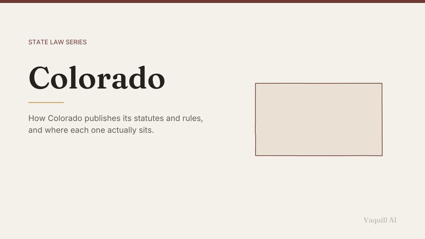 Outline map of Colorado beside the title of the state law series entry on finding and citing Colorado law