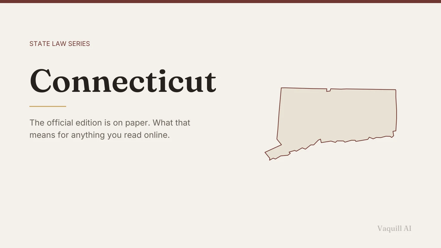 Outline map of Connecticut beside the title of the state law series entry on finding and citing Connecticut law