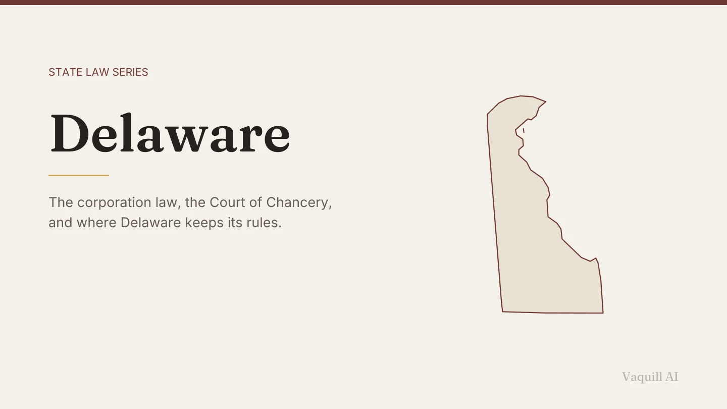 Outline map of Delaware beside the title of the state law series entry on finding and citing Delaware law