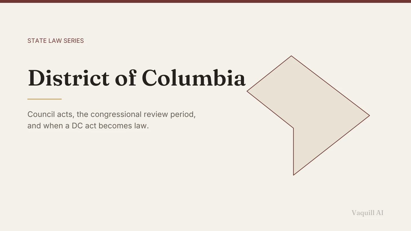 Outline map of the District of Columbia beside the title of the state law series entry on finding and citing the District of Columbia law