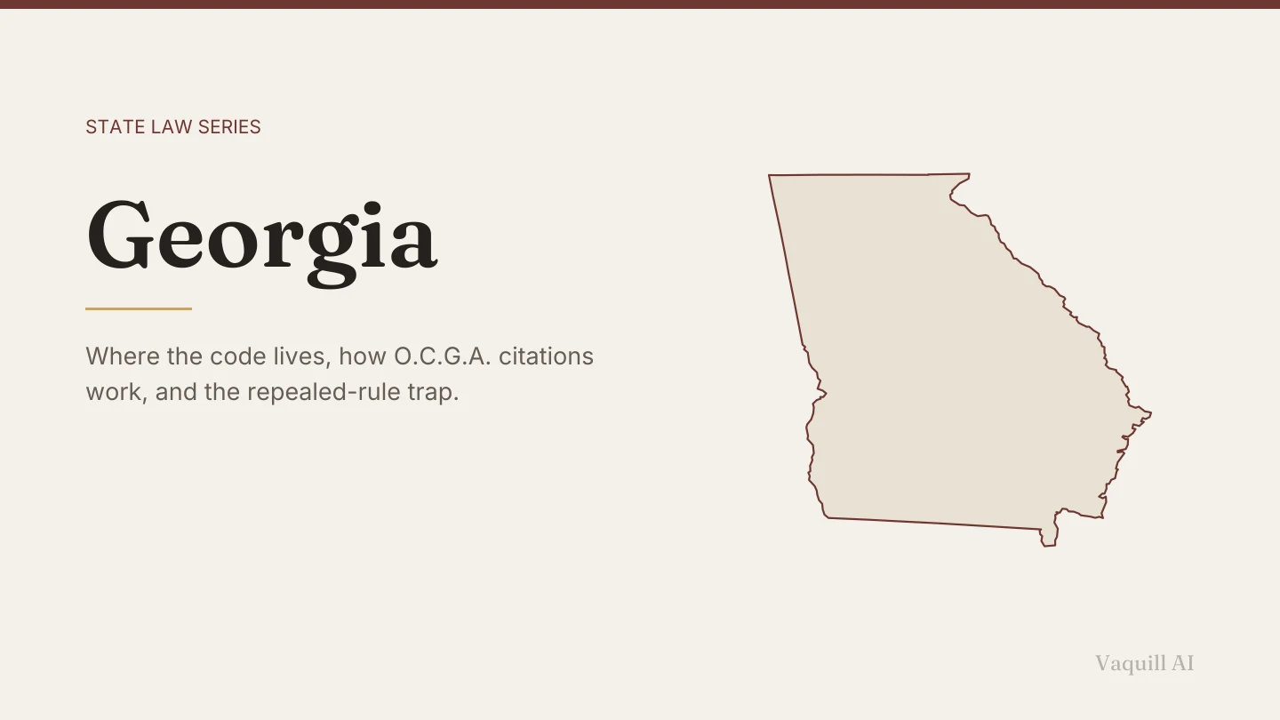 Outline map of Georgia beside the title of the state law series entry on finding and citing Georgia law
