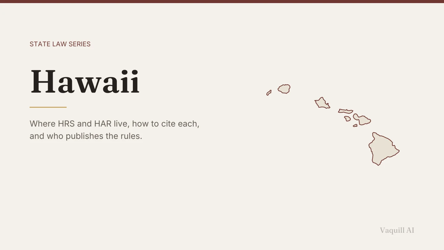 Outline map of Hawaii beside the title of the state law series entry on finding and citing Hawaii law