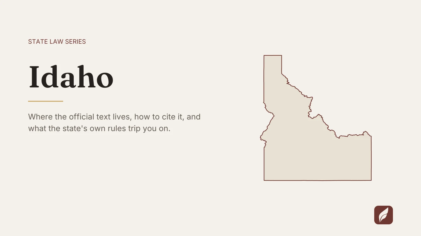 Outline map of Idaho beside the title of the state law series entry on finding and citing Idaho law