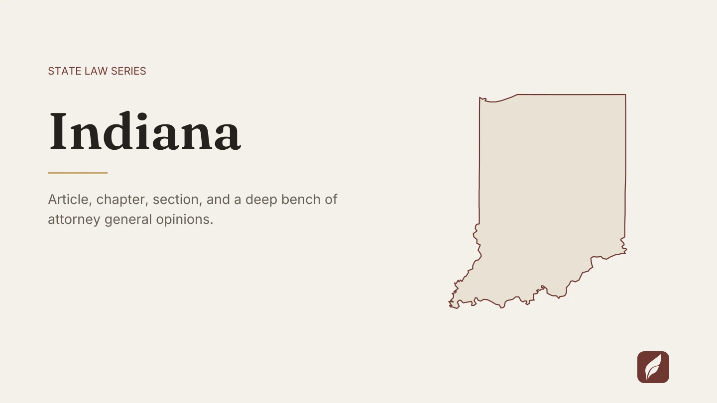 Outline map of Indiana beside the title of the state law series entry on finding and citing Indiana law