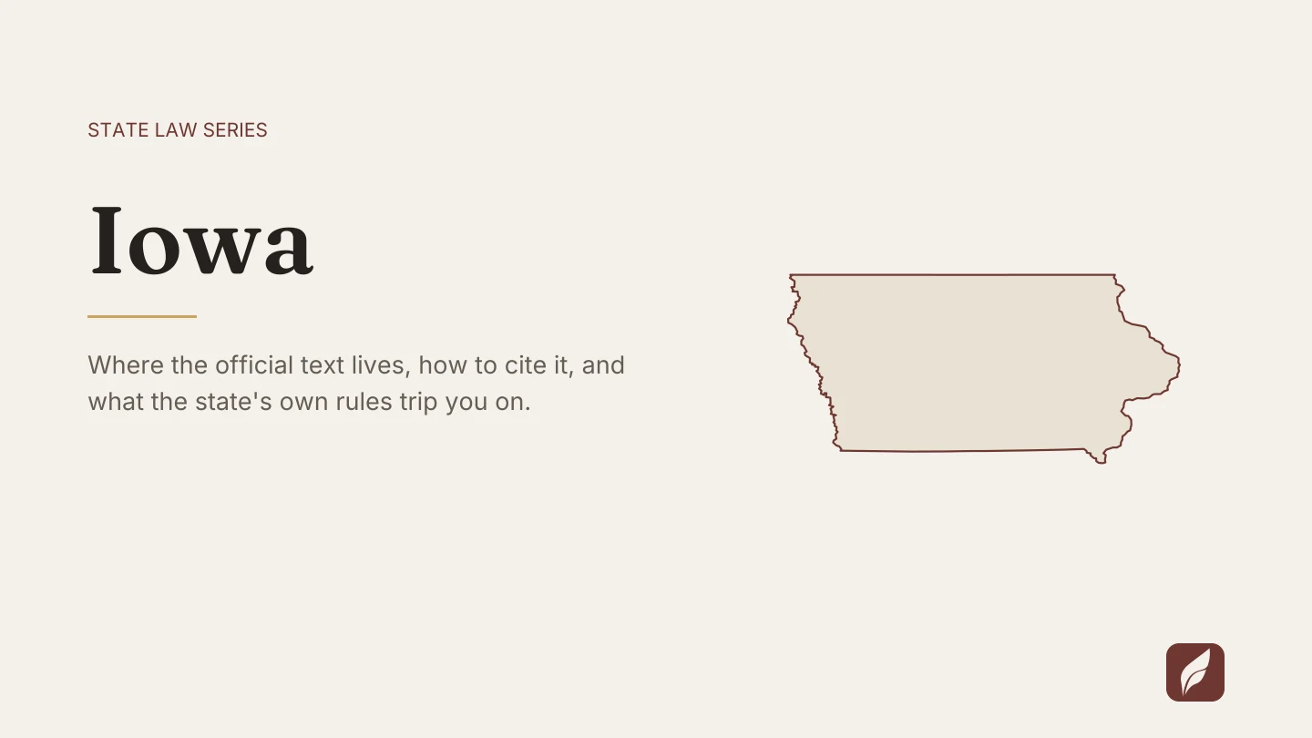 Outline map of Iowa beside the title of the state law series entry on finding and citing Iowa law