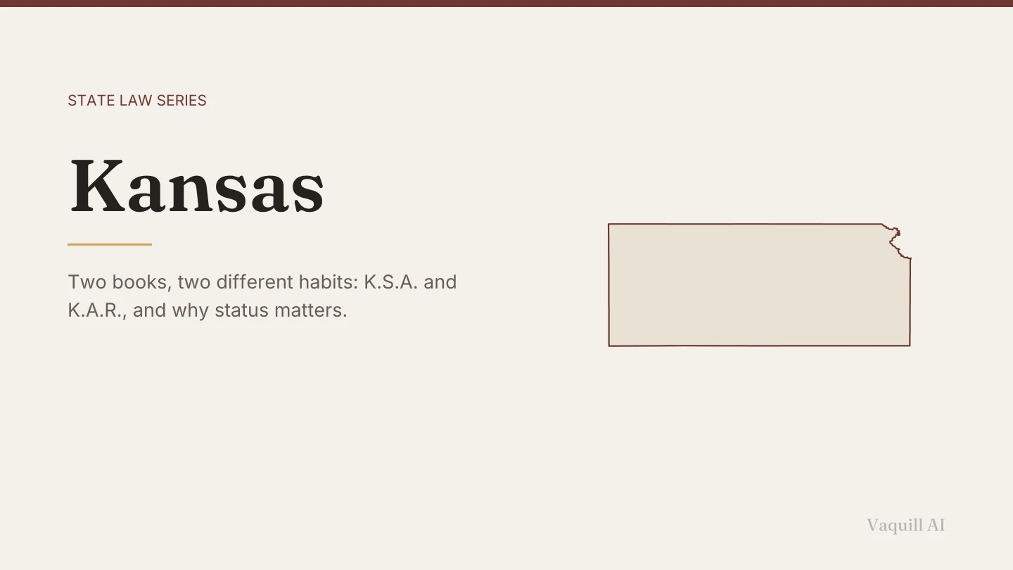 Outline map of Kansas beside the title of the state law series entry on finding and citing Kansas law