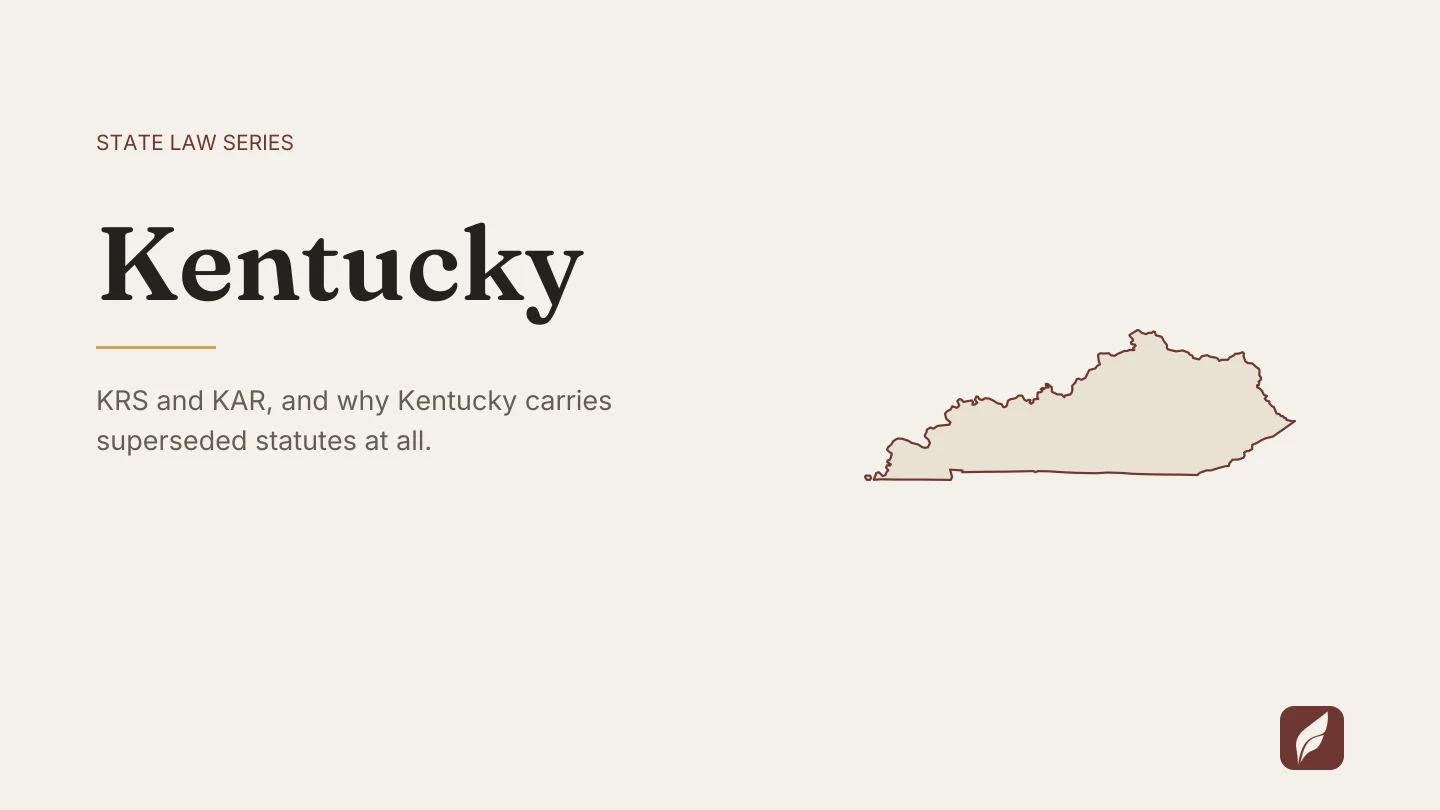 Outline map of Kentucky beside the title of the state law series entry on finding and citing Kentucky law