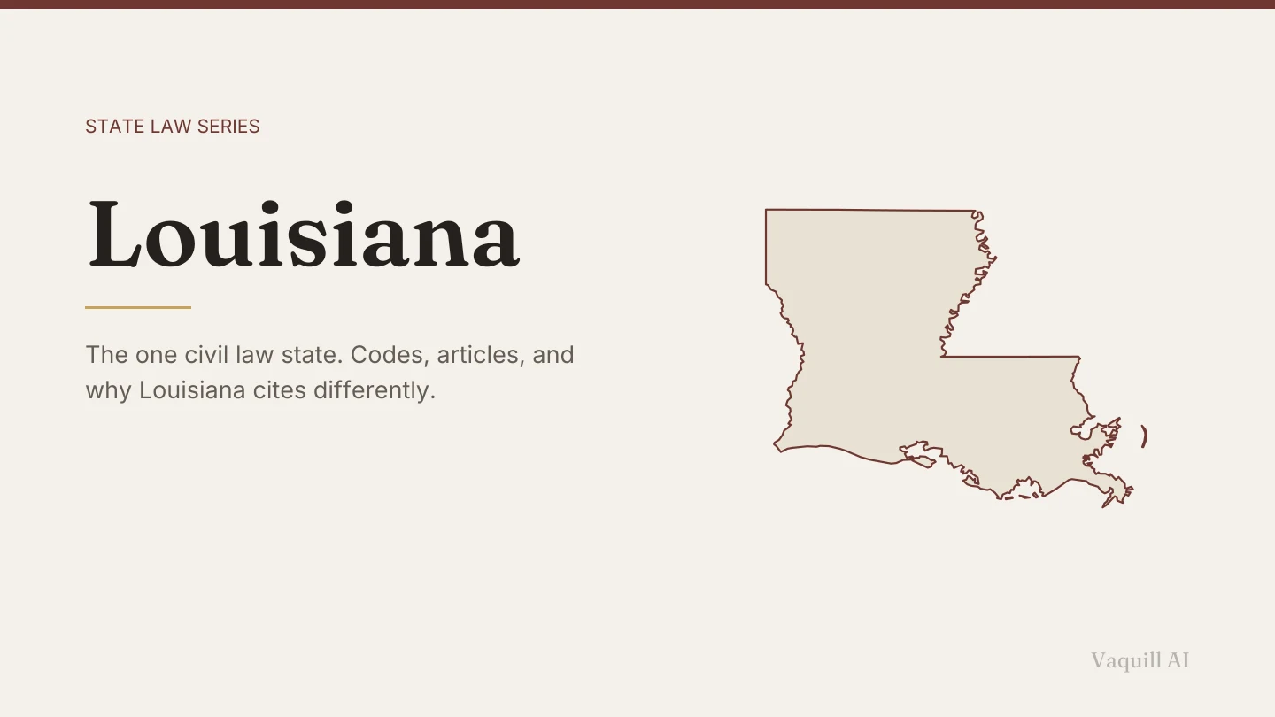 Outline map of Louisiana beside the title of the state law series entry on finding and citing Louisiana law