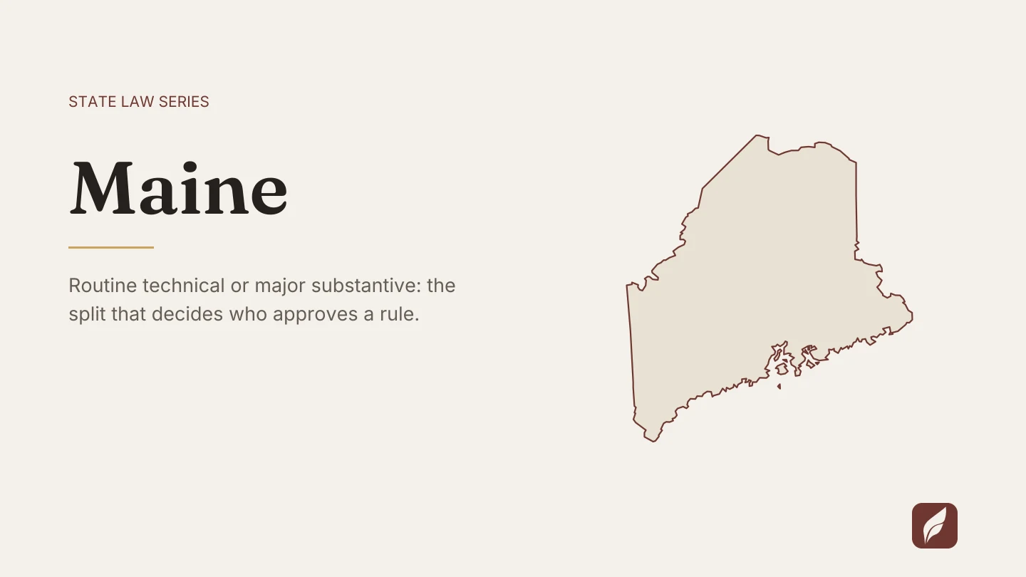 Outline map of Maine beside the title of the state law series entry on finding and citing Maine law