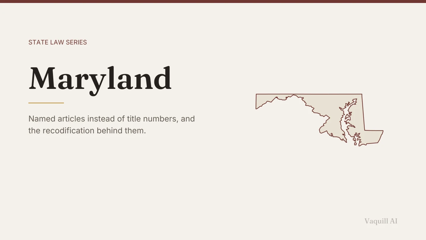 Outline map of Maryland beside the title of the state law series entry on finding and citing Maryland law