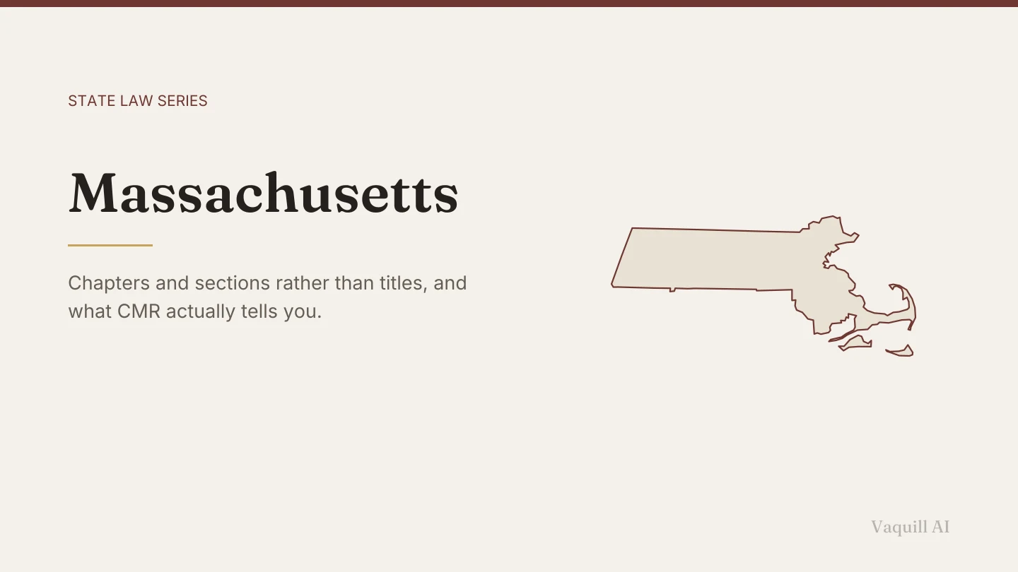 Outline map of Massachusetts beside the title of the state law series entry on finding and citing Massachusetts law