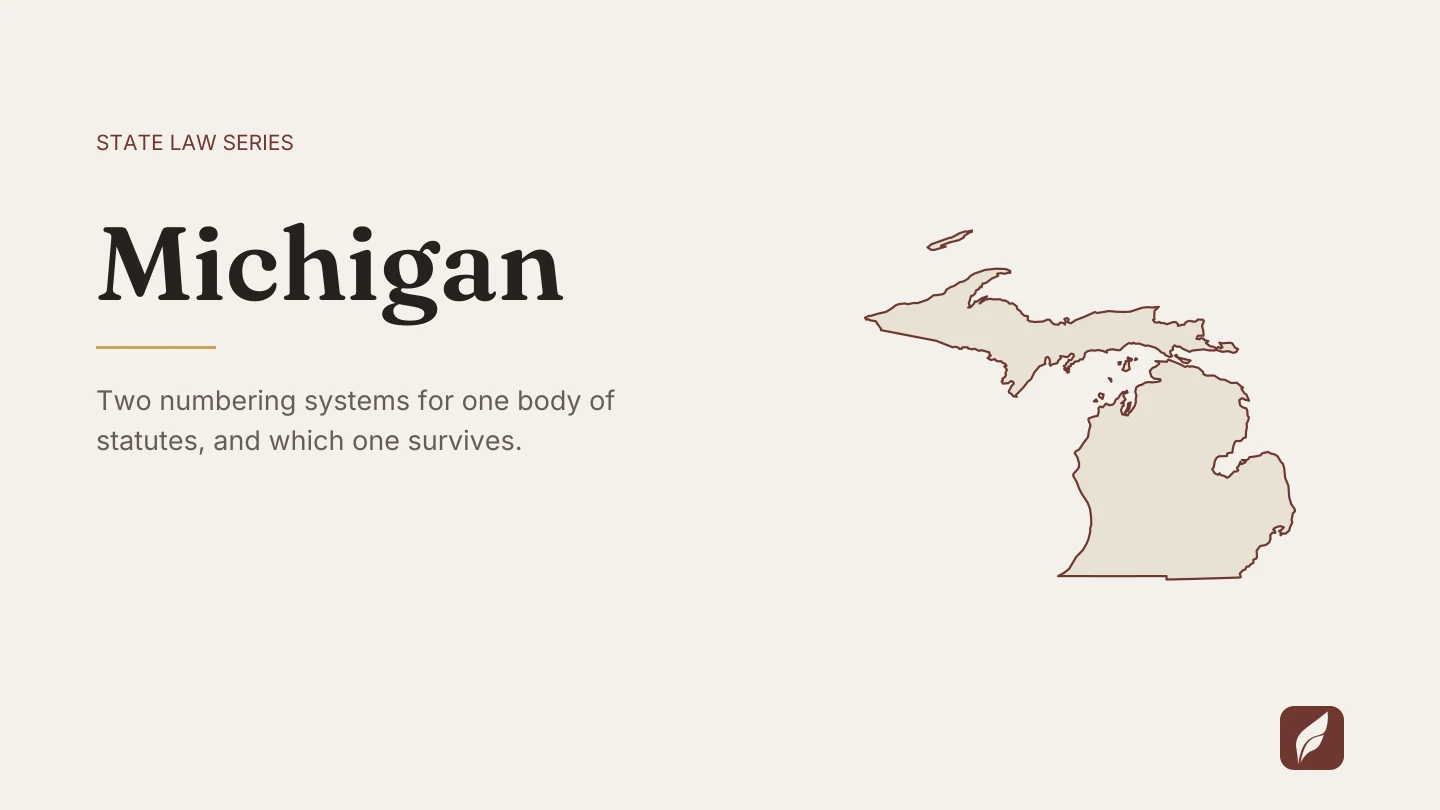 Outline map of Michigan beside the title of the state law series entry on finding and citing Michigan law