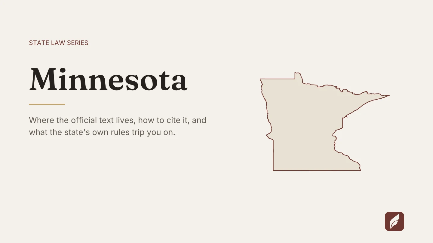 Outline map of Minnesota beside the title of the state law series entry on finding and citing Minnesota law