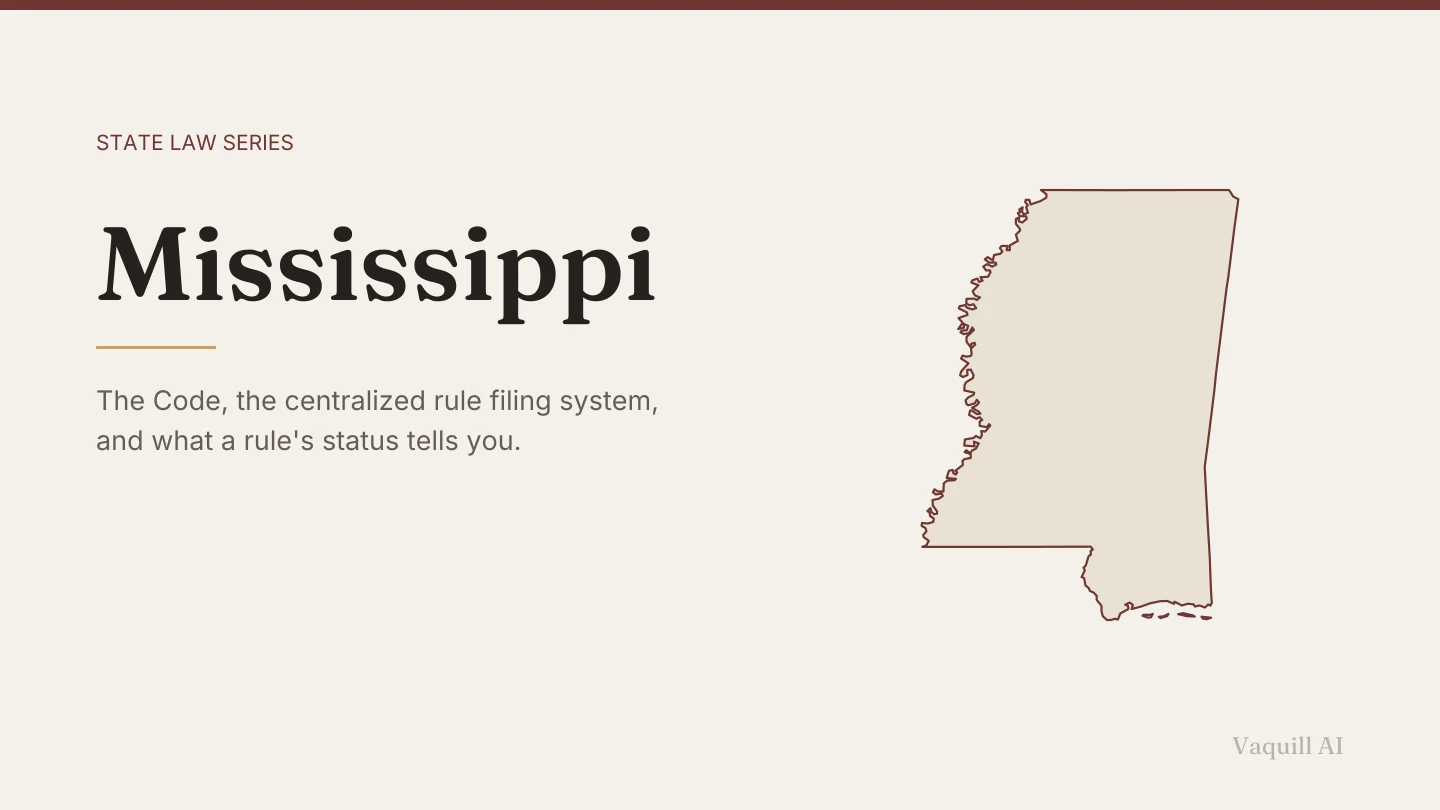 Outline map of Mississippi beside the title of the state law series entry on finding and citing Mississippi law
