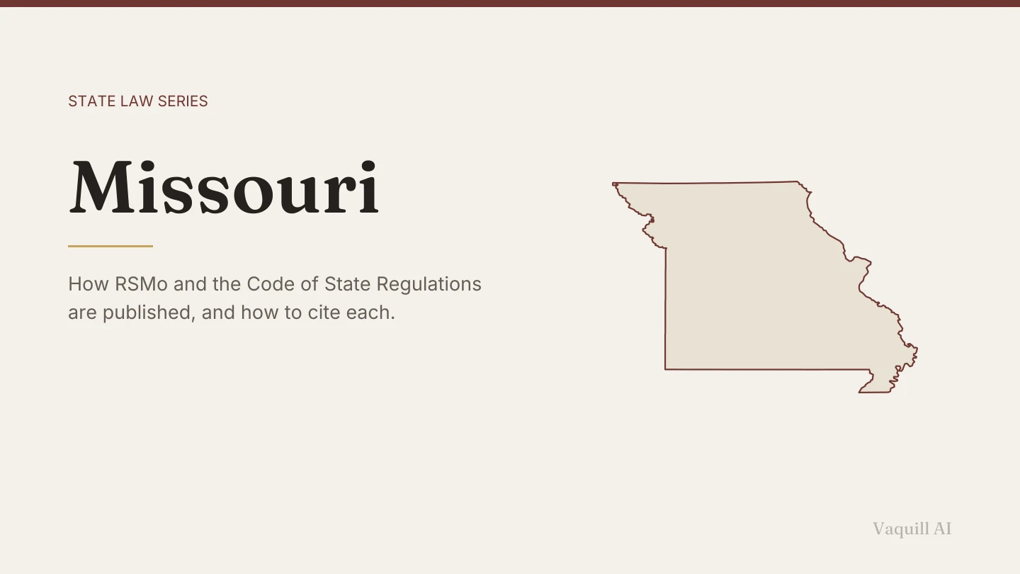 Outline map of Missouri beside the title of the state law series entry on finding and citing Missouri law
