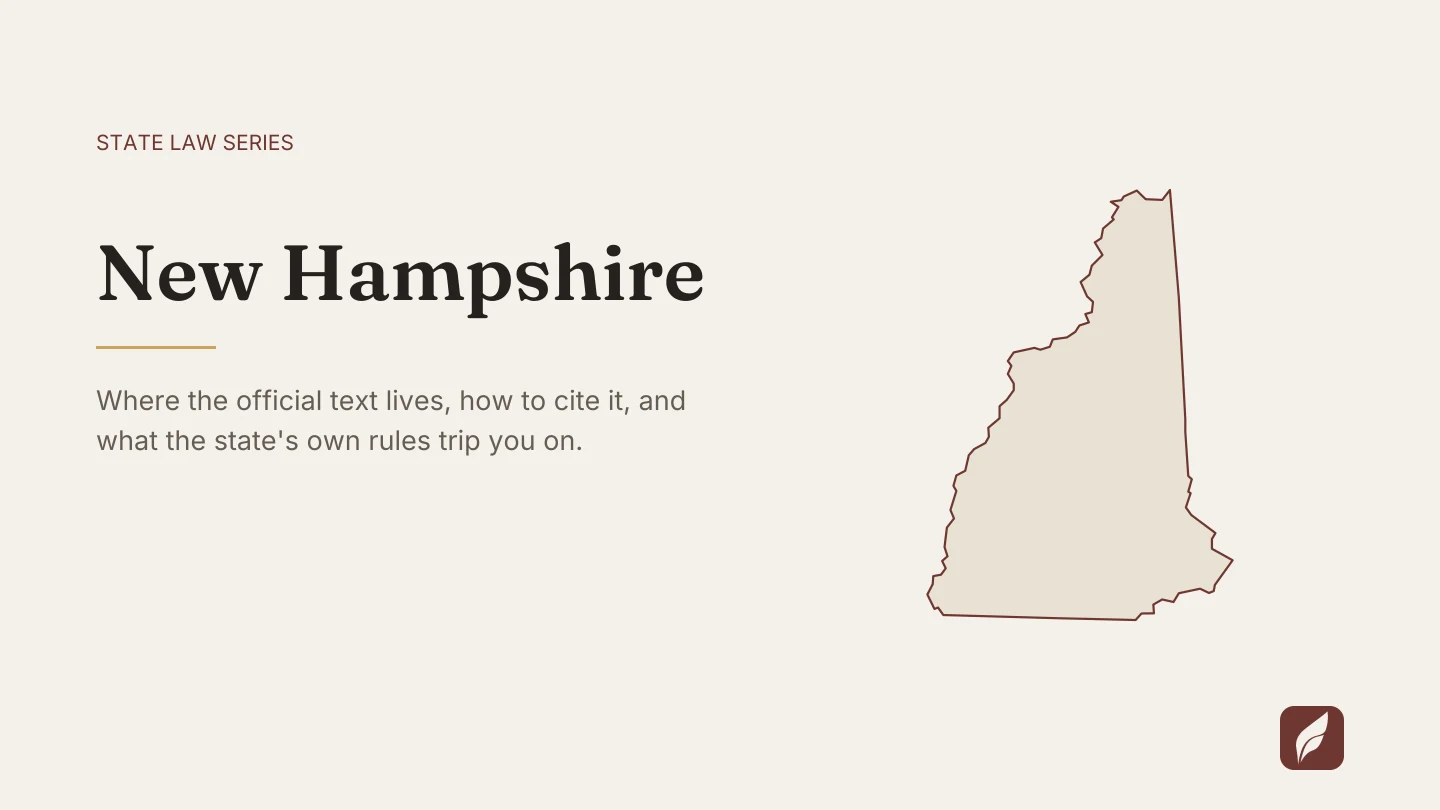 Outline map of New Hampshire beside the title of the state law series entry on finding and citing New Hampshire law