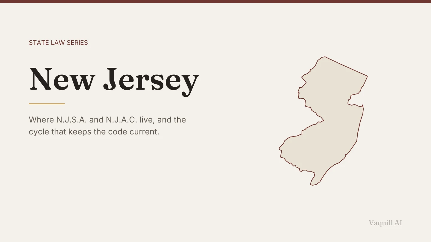 Outline map of New Jersey beside the title of the state law series entry on finding and citing New Jersey law