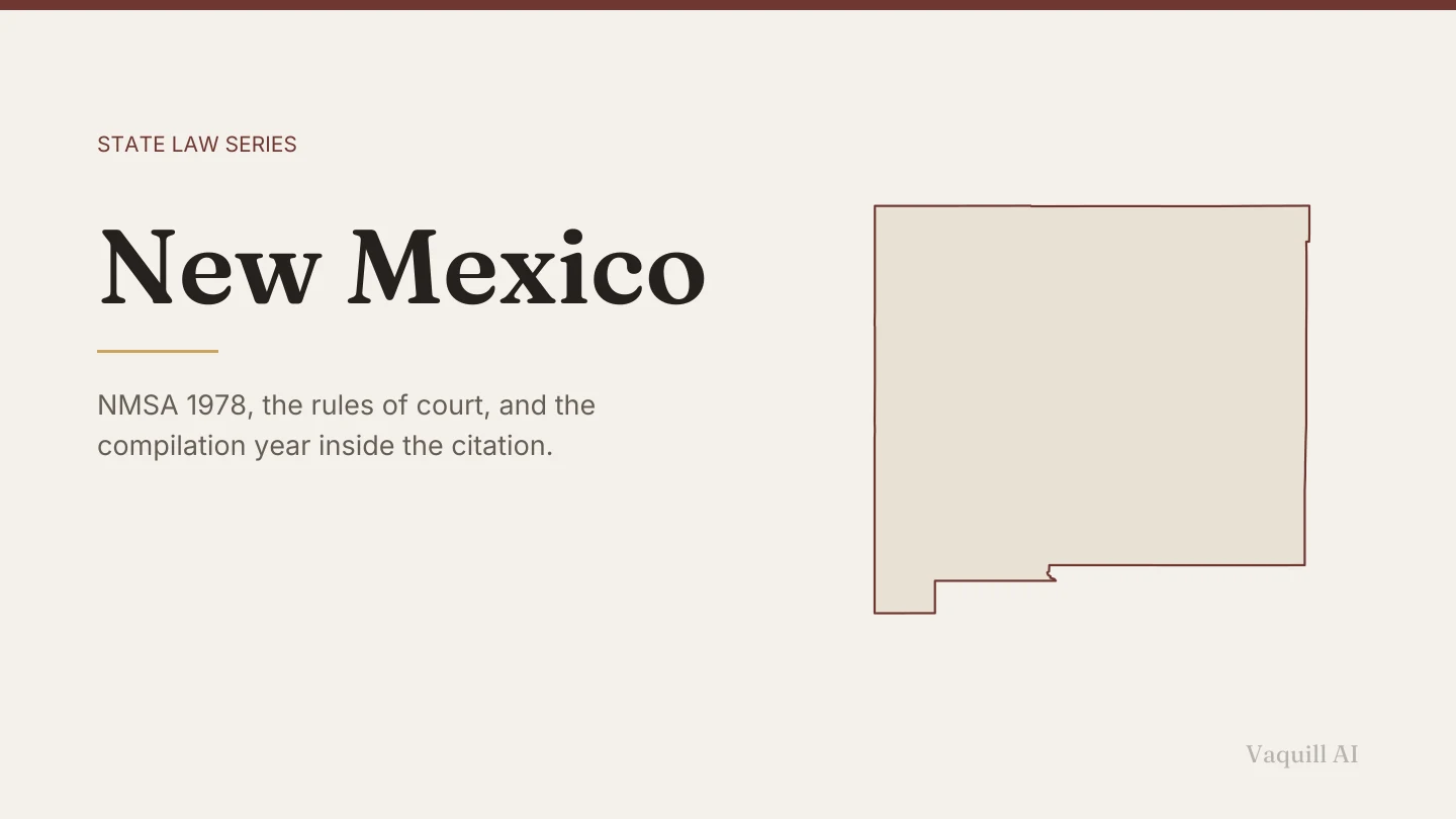 Outline map of New Mexico beside the title of the state law series entry on finding and citing New Mexico law