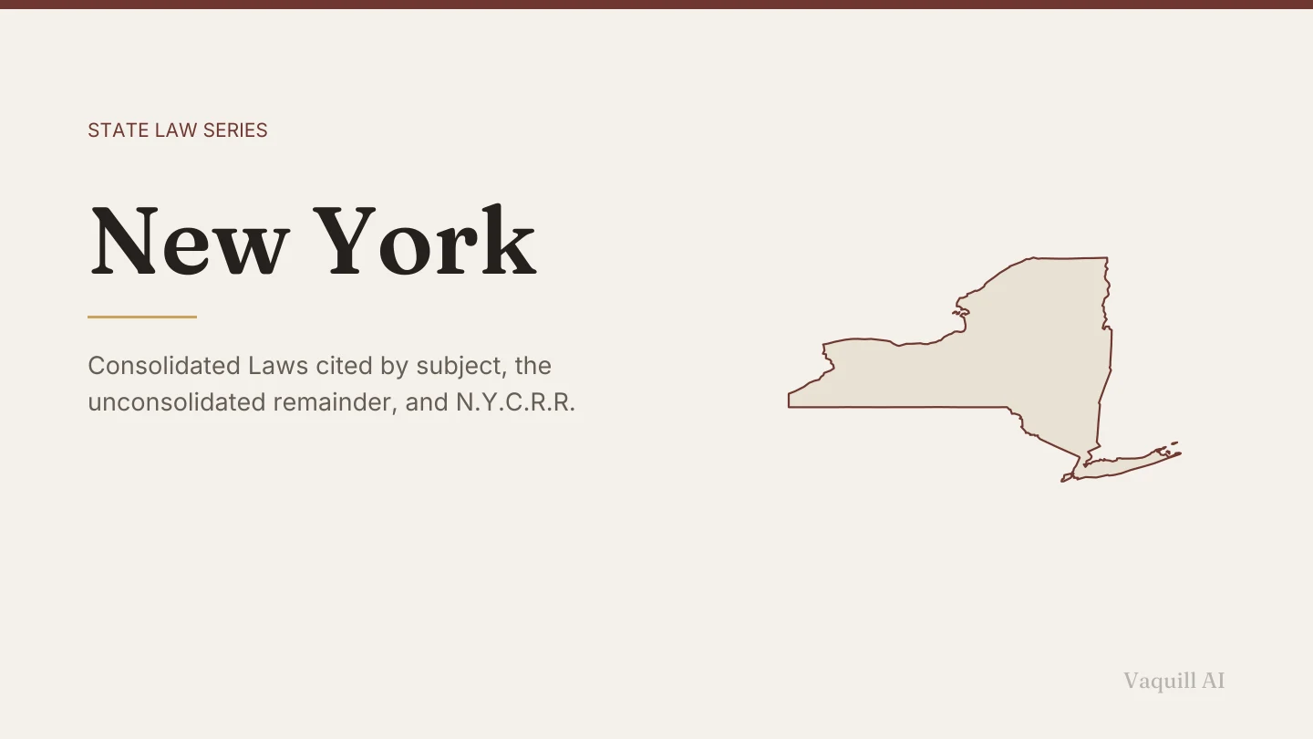 Outline map of New York beside the title of the state law series entry on finding and citing New York law