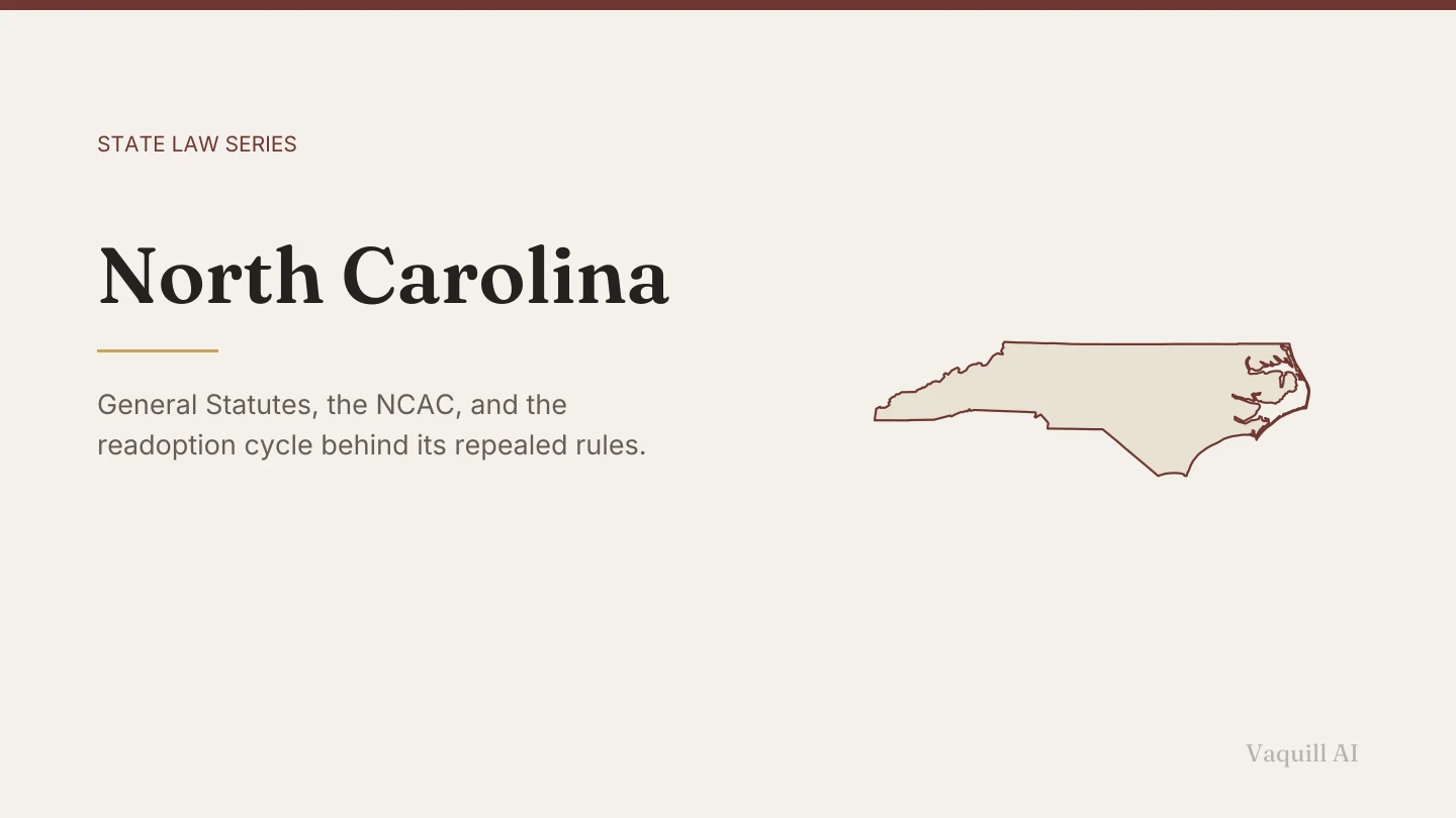 Outline map of North Carolina beside the title of the state law series entry on finding and citing North Carolina law