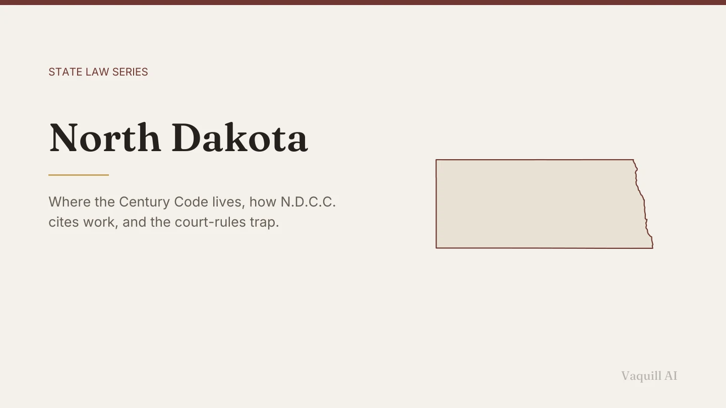 Outline map of North Dakota beside the title of the state law series entry on finding and citing North Dakota law