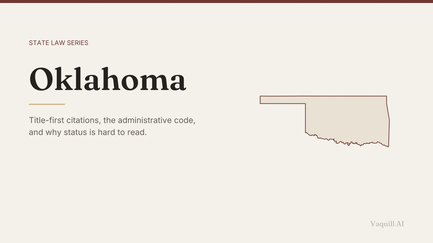 Outline map of Oklahoma beside the title of the state law series entry on finding and citing Oklahoma law
