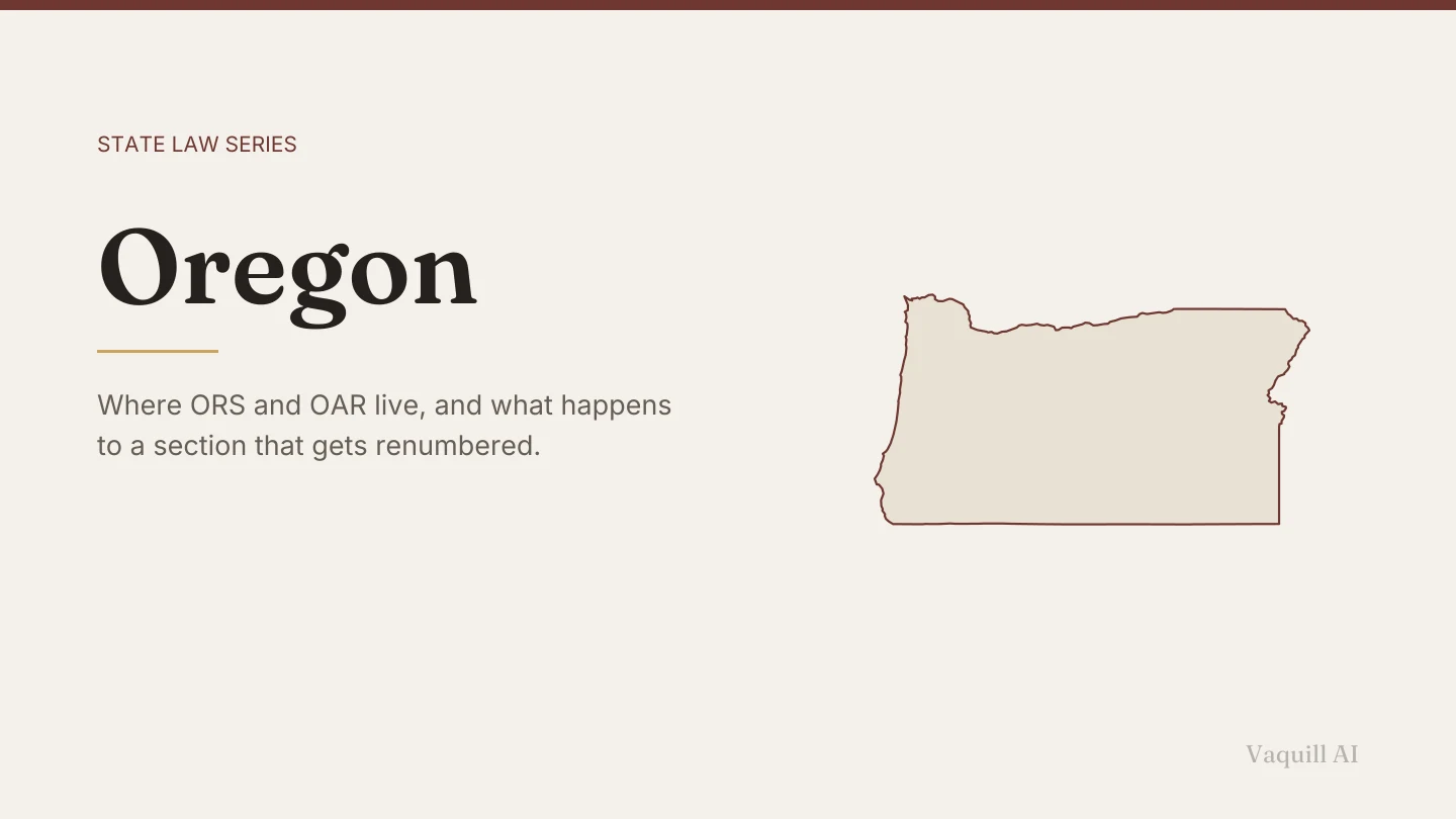 Outline map of Oregon beside the title of the state law series entry on finding and citing Oregon law