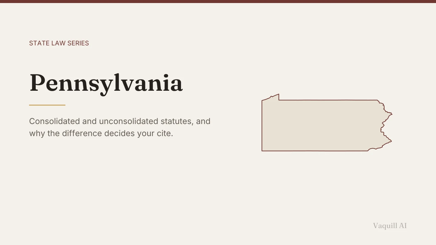 Outline map of Pennsylvania beside the title of the state law series entry on finding and citing Pennsylvania law