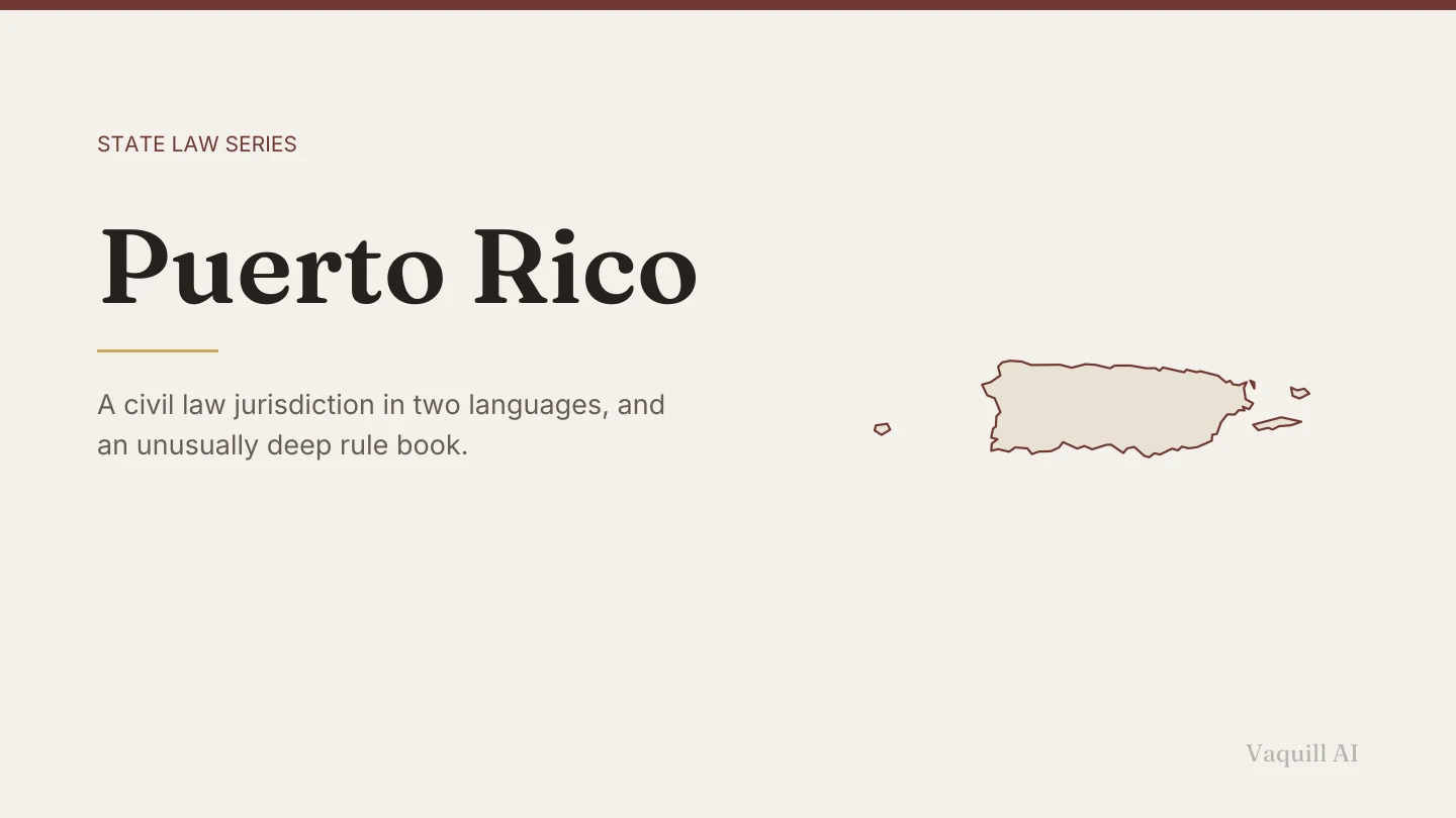 Outline map of Puerto Rico beside the title of the state law series entry on finding and citing Puerto Rico law