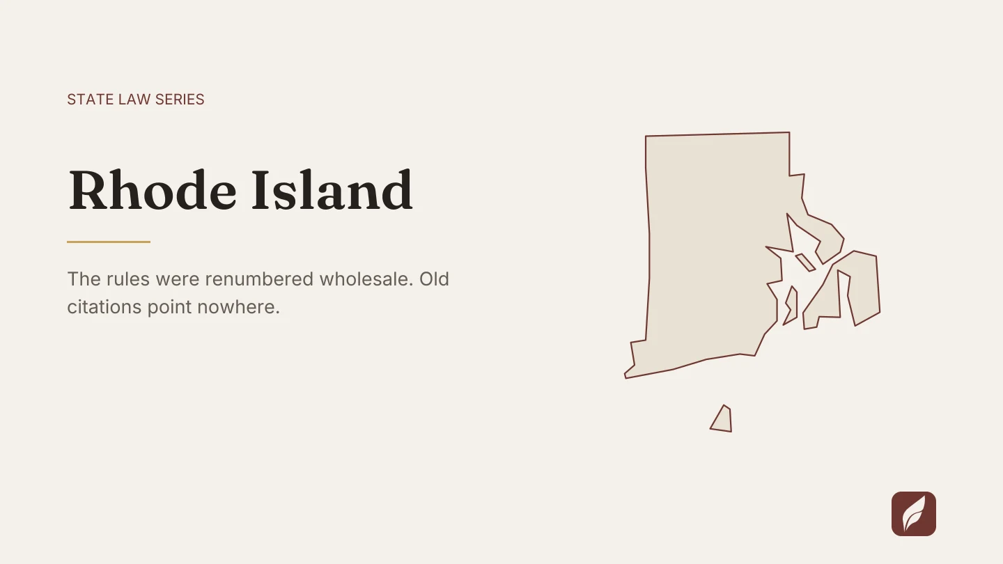 Outline map of Rhode Island beside the title of the state law series entry on finding and citing Rhode Island law
