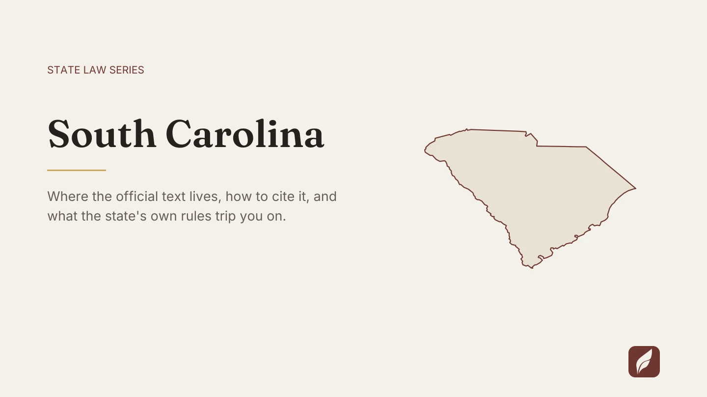 Outline map of South Carolina beside the title of the state law series entry on finding and citing South Carolina law