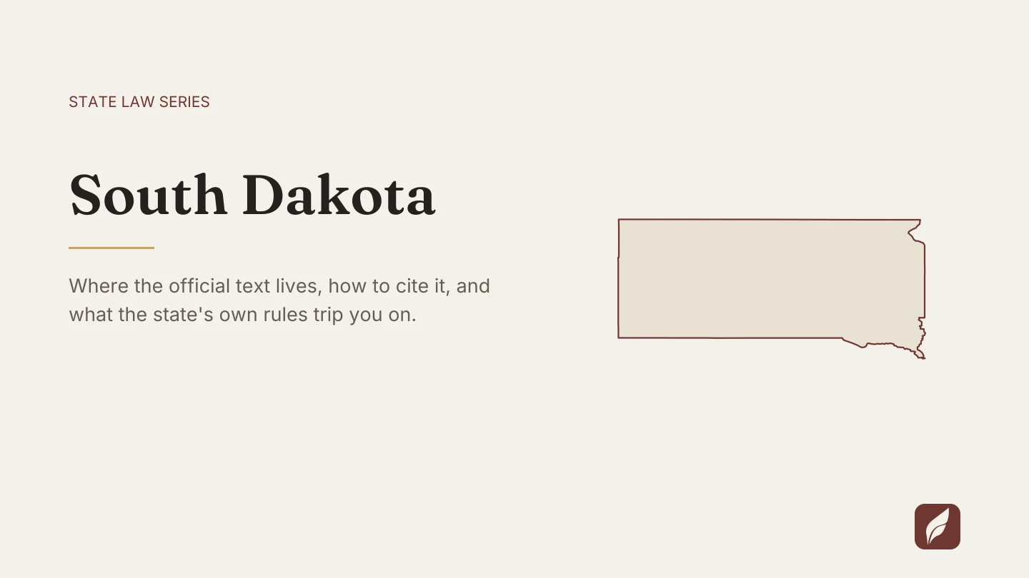 Outline map of South Dakota beside the title of the state law series entry on finding and citing South Dakota law