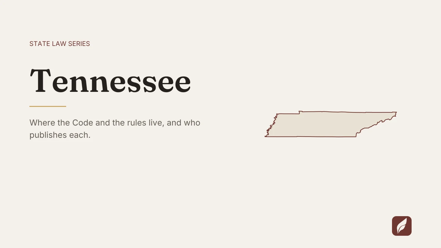Outline map of Tennessee beside the title of the state law series entry on finding and citing Tennessee law