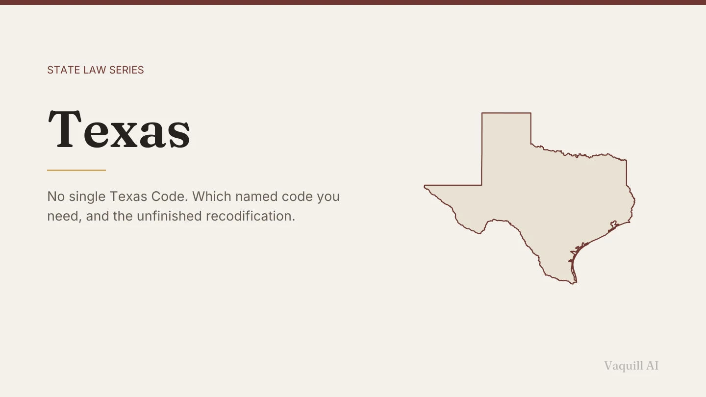 Outline map of Texas beside the title of the state law series entry on finding and citing Texas law