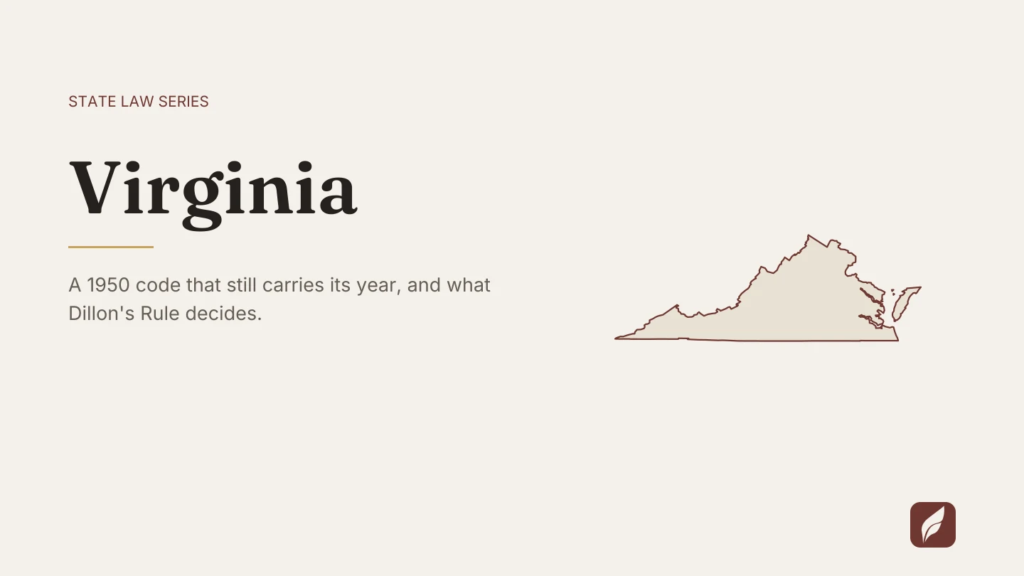 Outline map of Virginia beside the title of the state law series entry on finding and citing Virginia law