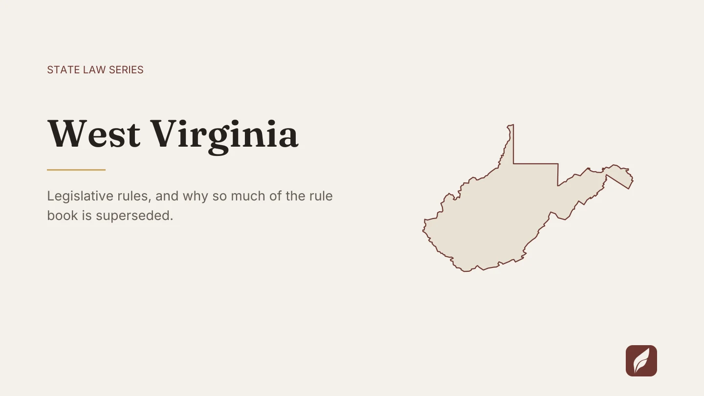 Outline map of West Virginia beside the title of the state law series entry on finding and citing West Virginia law