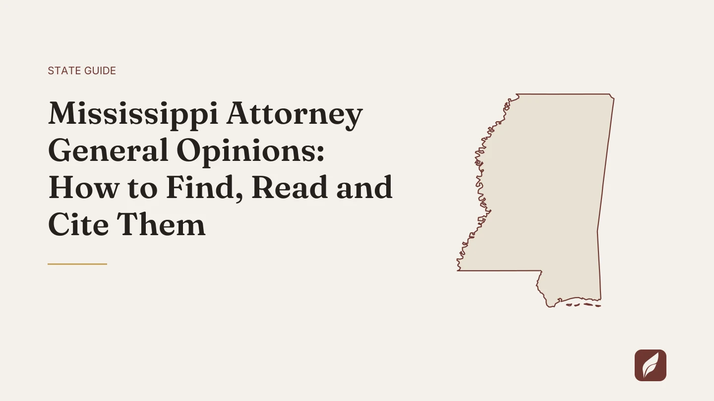 Title card for the Vaquill AI guide: Mississippi Attorney General Opinions: How to Find, Read and Cite Them