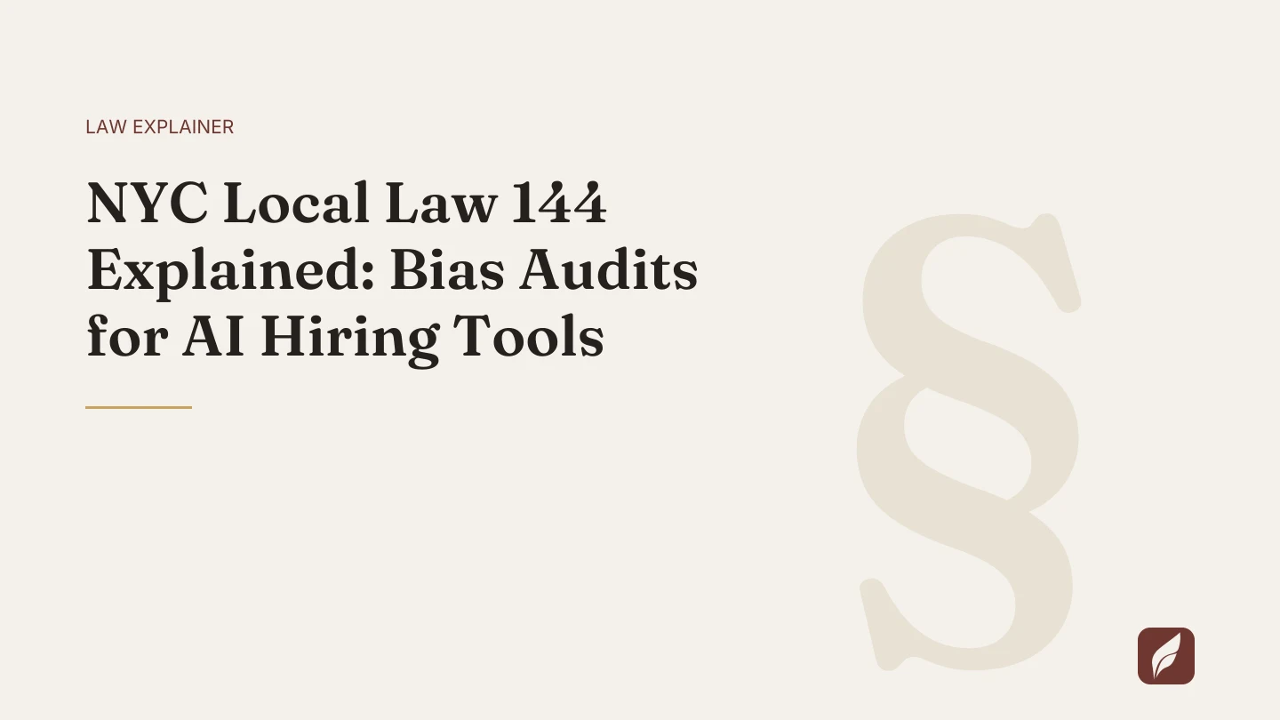 Title card for the Vaquill AI guide: NYC Local Law 144 Explained: Bias Audits for AI Hiring Tools
