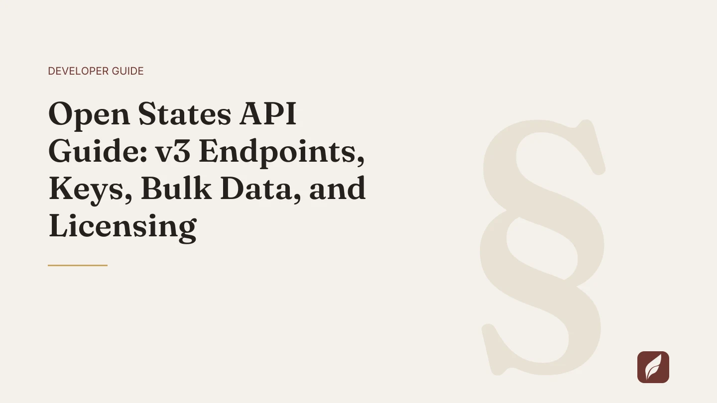 Title card for the Vaquill AI guide: Open States API Guide: v3 Endpoints, Keys, Bulk Data, and Licensing