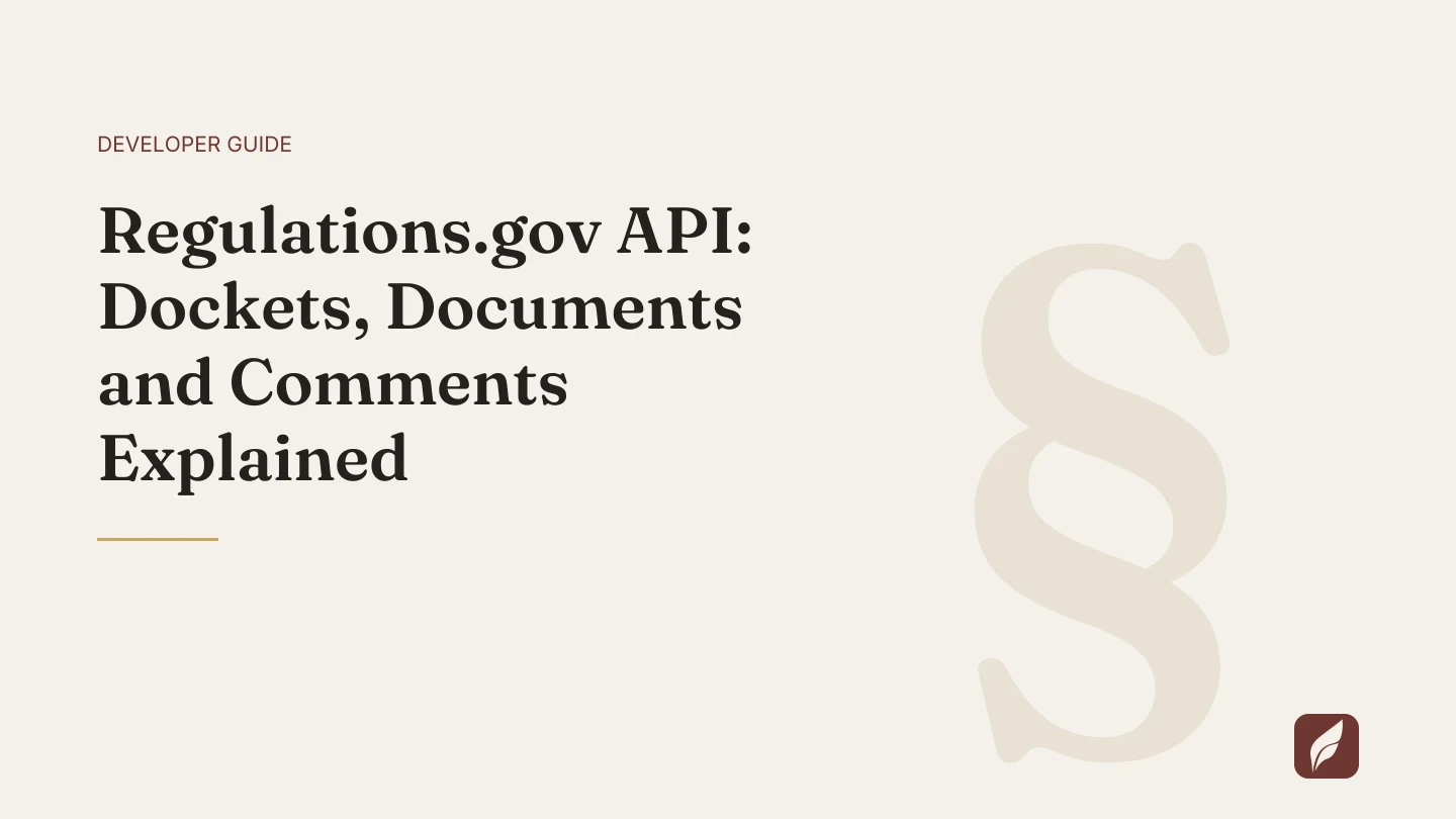Title card for the Vaquill AI guide: Regulations.gov API: Dockets, Documents and Comments Explained