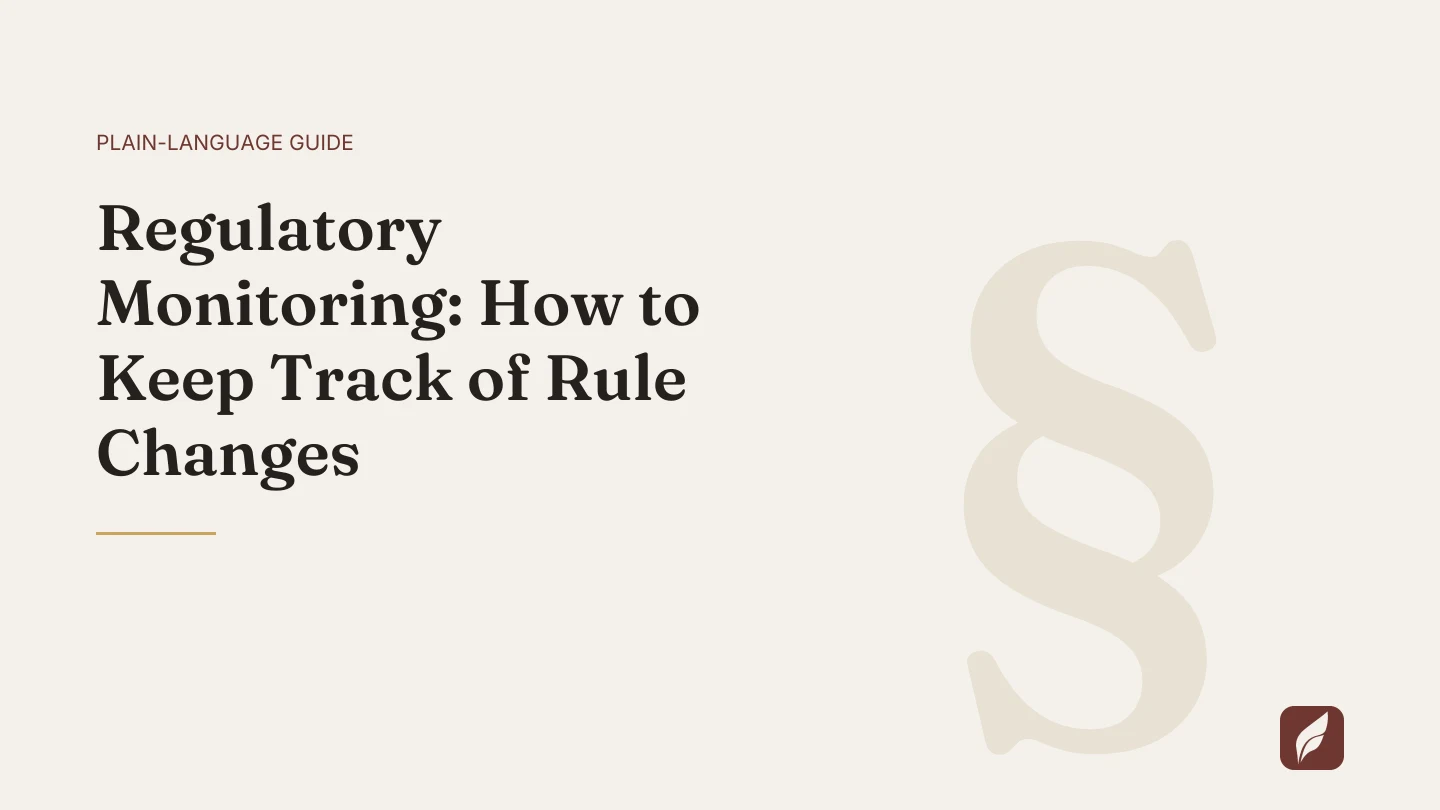 Title card for the Vaquill AI guide: Regulatory Monitoring: How to Keep Track of Rule Changes