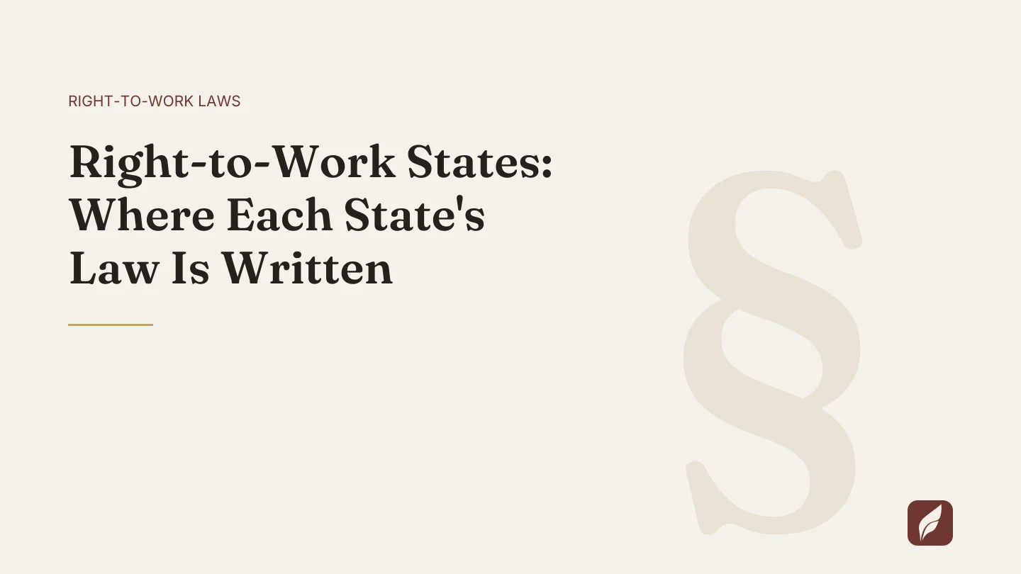 Title card for the Vaquill AI guide: Right-to-Work States: Where Each State's Law Is Written