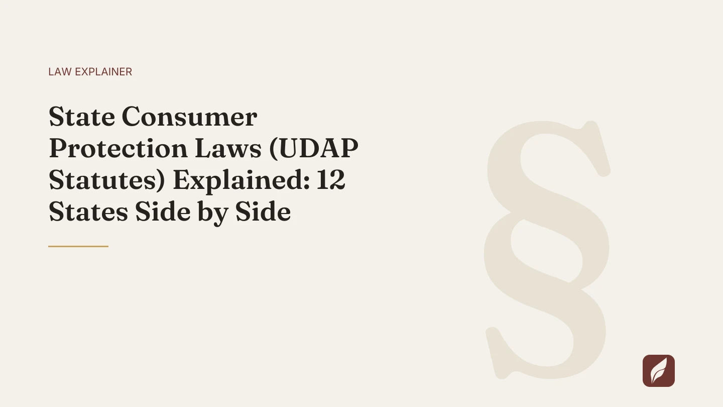 Title card for the Vaquill AI guide: State Consumer Protection Laws (UDAP Statutes) Explained: 12 States Side by Side
