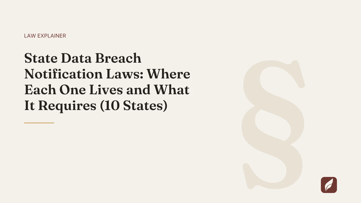 Title card for the Vaquill AI guide: State Data Breach Notification Laws: Where Each One Lives and What It Requires (10 States)