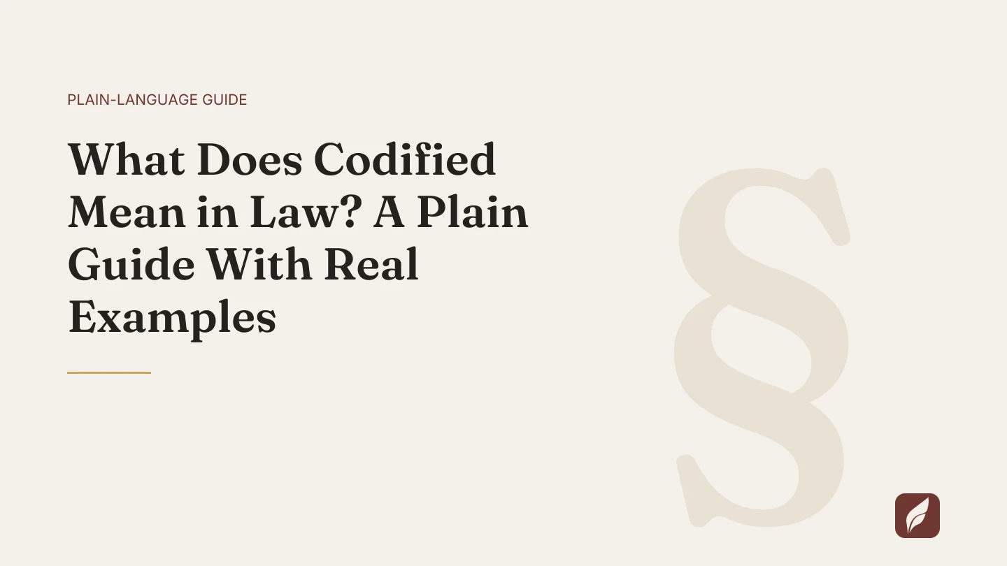 Title card for the Vaquill AI guide: What Does Codified Mean in Law? A Plain Guide With Real Examples