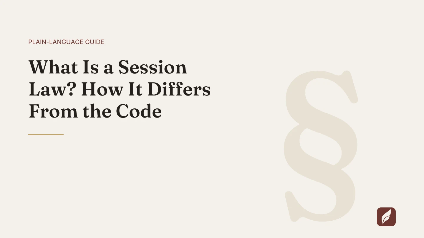Title card for the Vaquill AI guide: What Is a Session Law? How It Differs From the Code