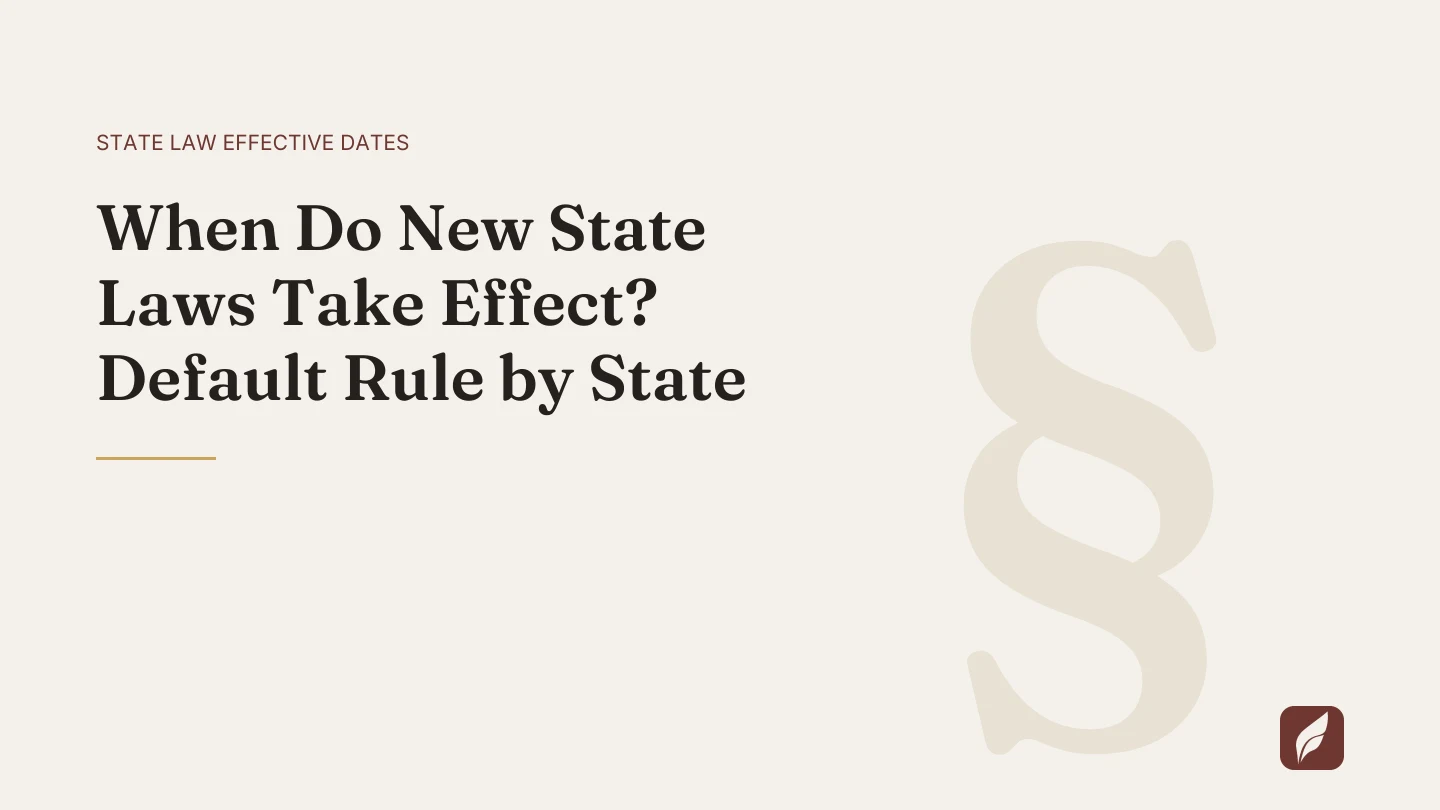 Title card for the Vaquill AI guide: When Do New State Laws Take Effect? Default Rule by State
