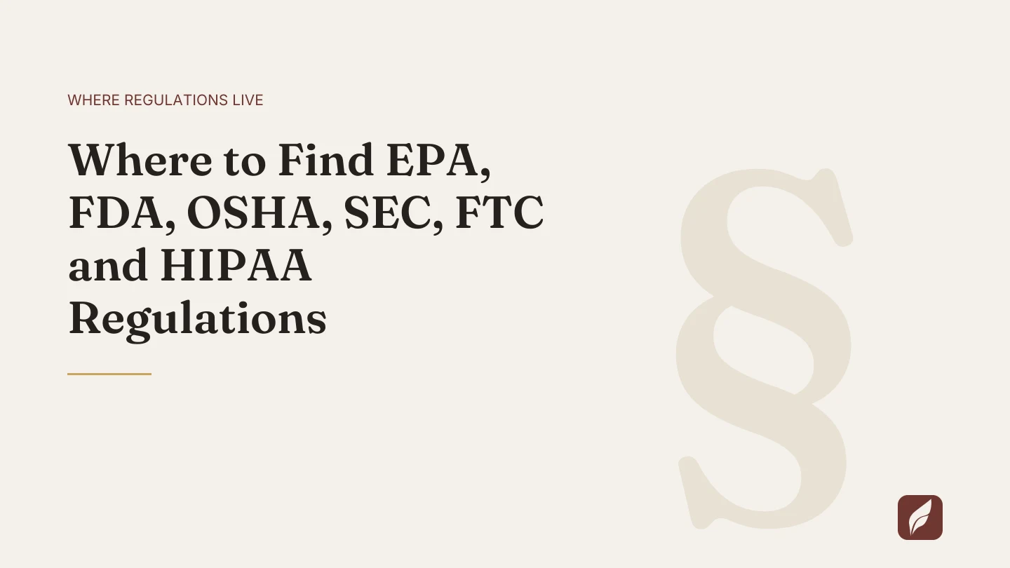 Title card for the Vaquill AI guide: Where to Find EPA, FDA, OSHA, SEC, FTC and HIPAA Regulations