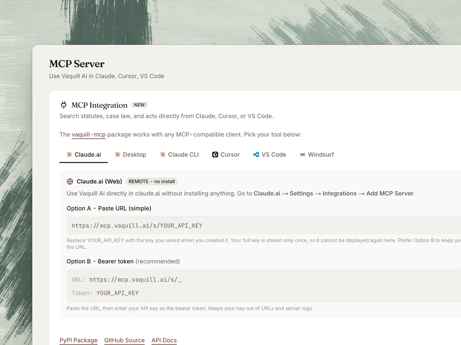 The MCP Server setup screen in the Vaquill AI dashboard, on a crayon plate