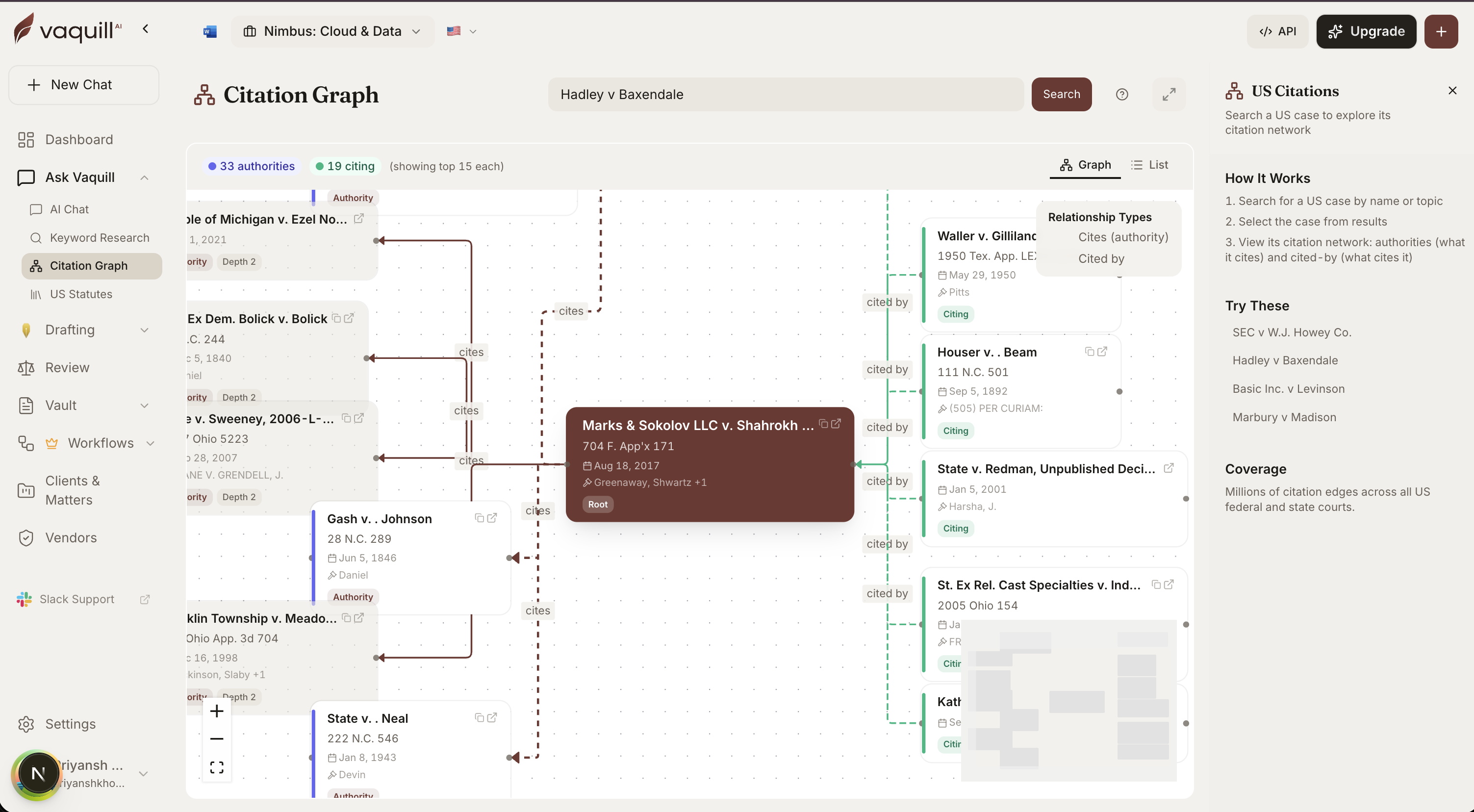 Vaquill AI Citation Graph: a US case's authorities and citing cases as a navigable network